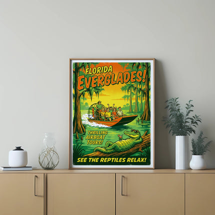 Poster for "Florida Evergladesh" showing an airboat with a crocodile.