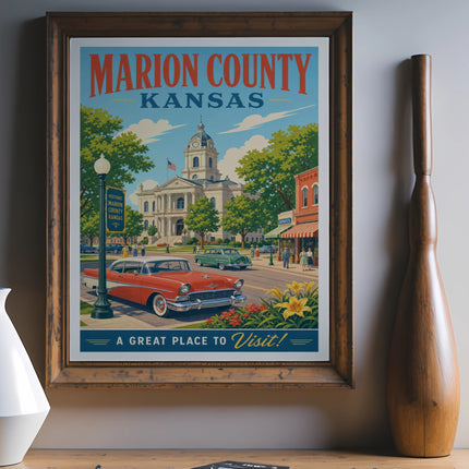 Retro travel poster of Marion County, Kansas, with courthouse and classic car.