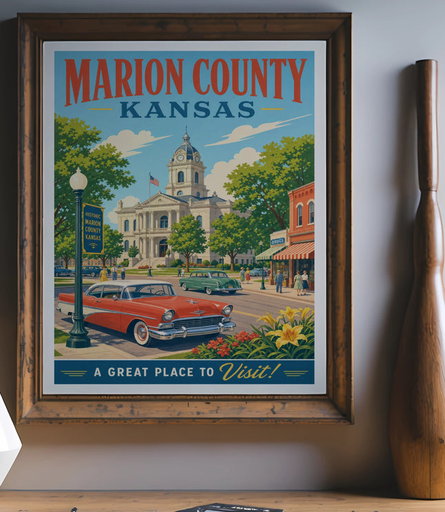 Retro travel poster of Marion County, Kansas, with courthouse and classic car.