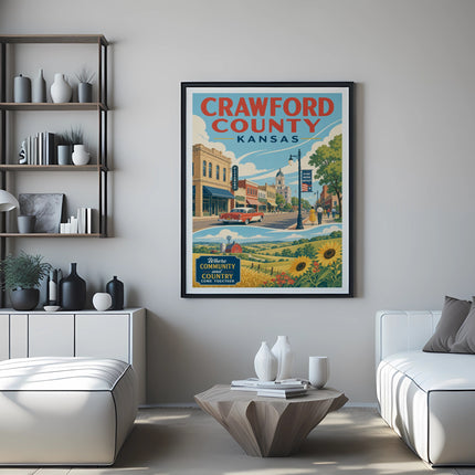 Crawford County Kansas vintage travel poster with sunflowers and classic car.