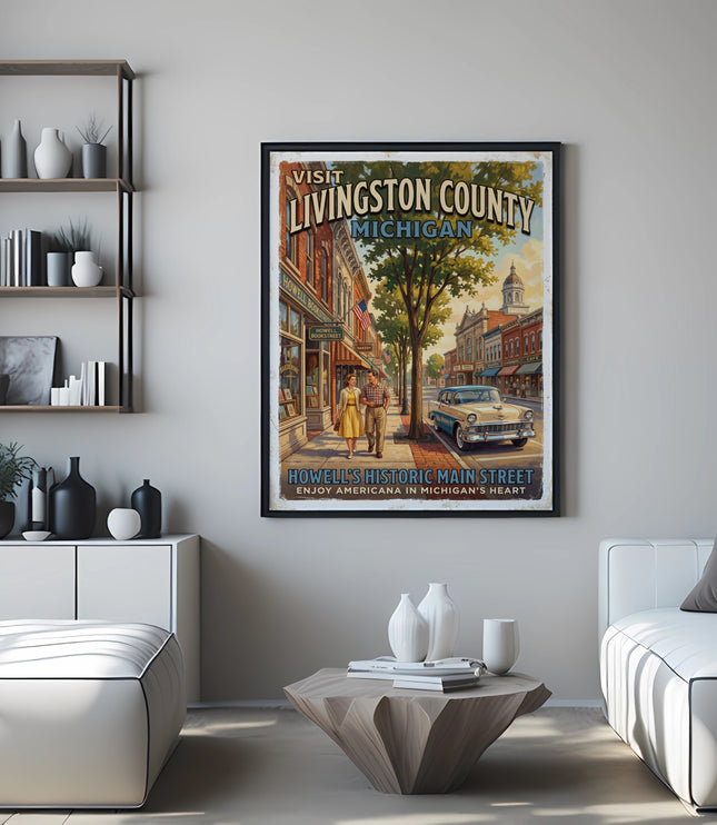 Vintage poster of Howell's Historic Main Street, Livingston County, Michigan.