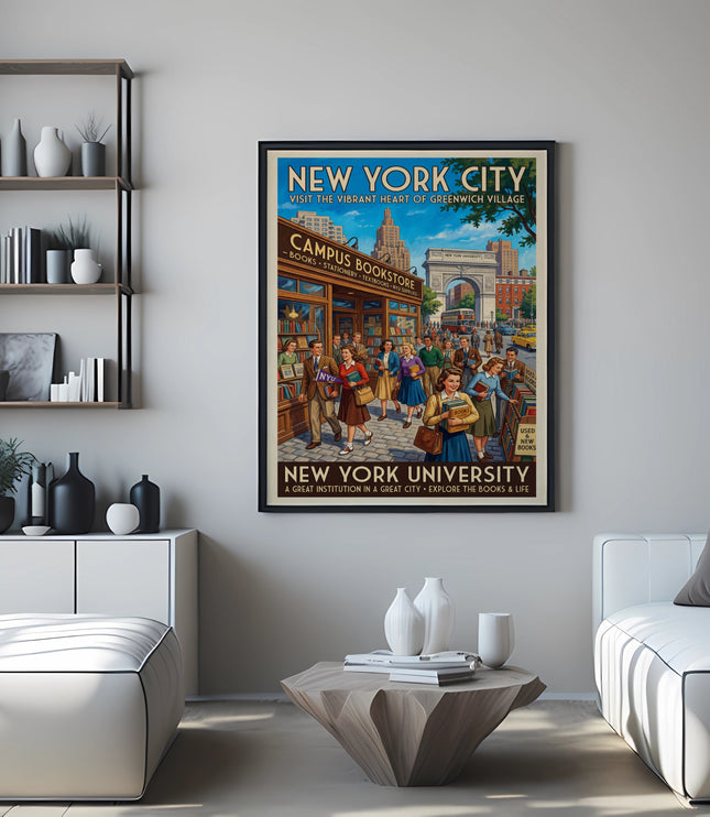 New York City Campus Bookstore poster featuring Washington Square Arch and students.