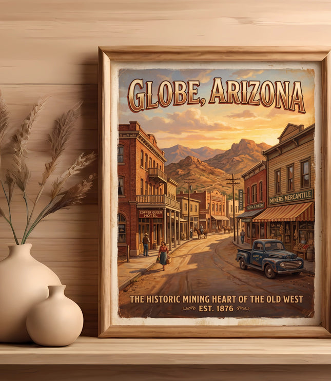 Vintage poster art of Globe, Arizona, a historic mining town street scene.