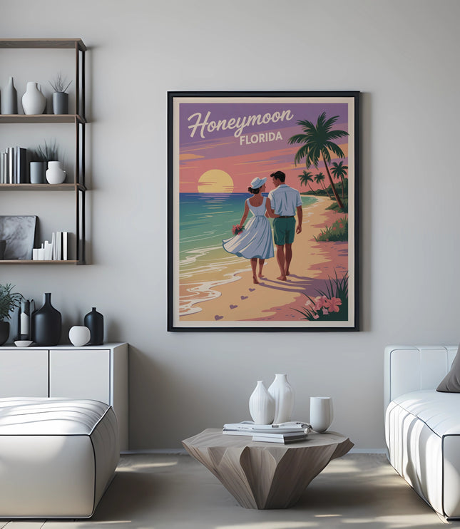 Framed poster of a couple walking on a beach with text "Honeymoon Florida."