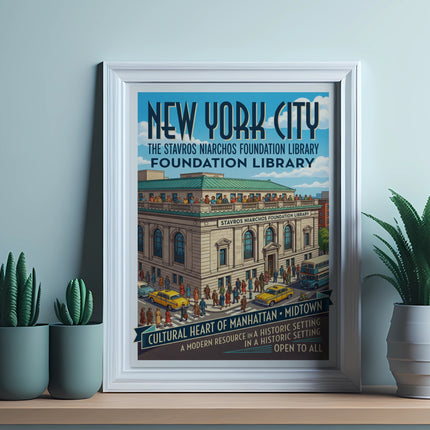 New York City Stavros Niarchos Foundation Library poster, Midtown Manhattan building.