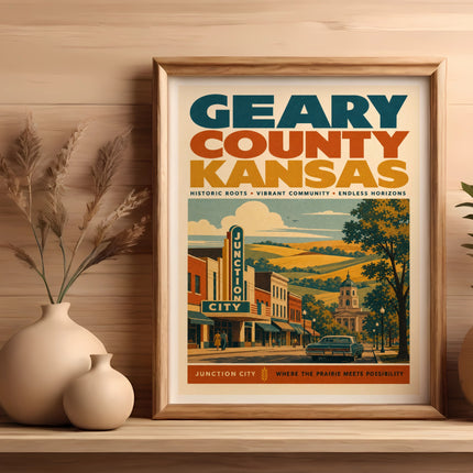 Geary County Kansas poster with Junction City, historic buildings, and rural landscape.