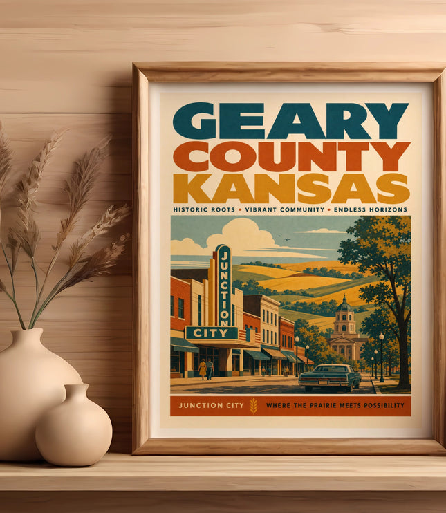 Geary County Kansas poster with Junction City, historic buildings, and rural landscape.