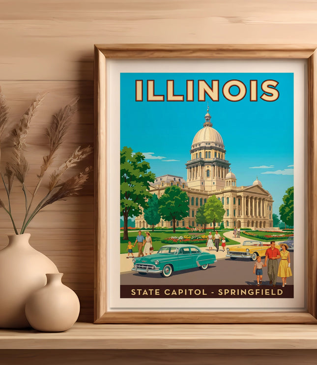 Illinois State Capitol - Springfield illustration with vintage cars and people.