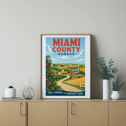 Miami County, Kansas vintage travel poster with farm and road scene.
