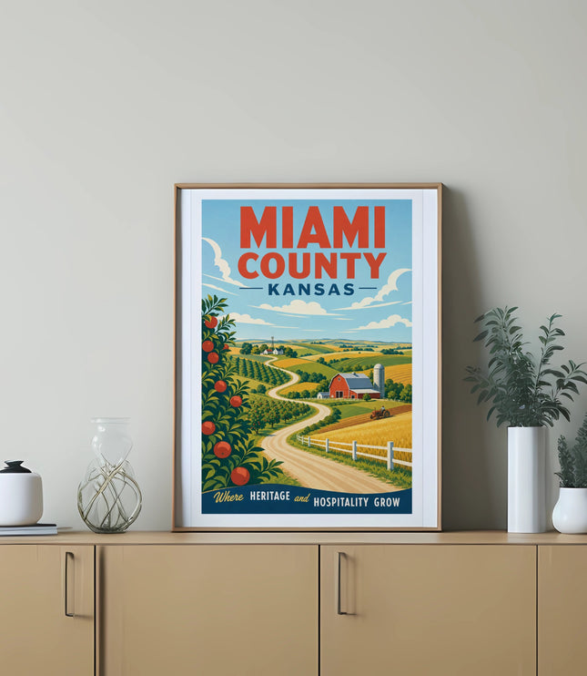 Miami County, Kansas vintage travel poster with farm and road scene.