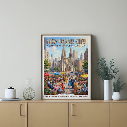 New York City poster with St. Patrick's Cathedral, people, and text.