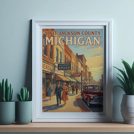 Vintage framed poster shows "Visit Jackson County Michigan" with street scene.