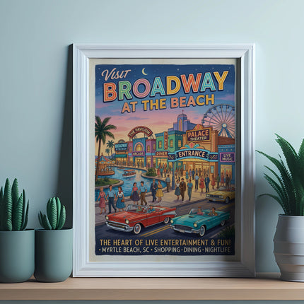 Broadway at the Beach poster featuring vintage cars, people, and attractions with text.