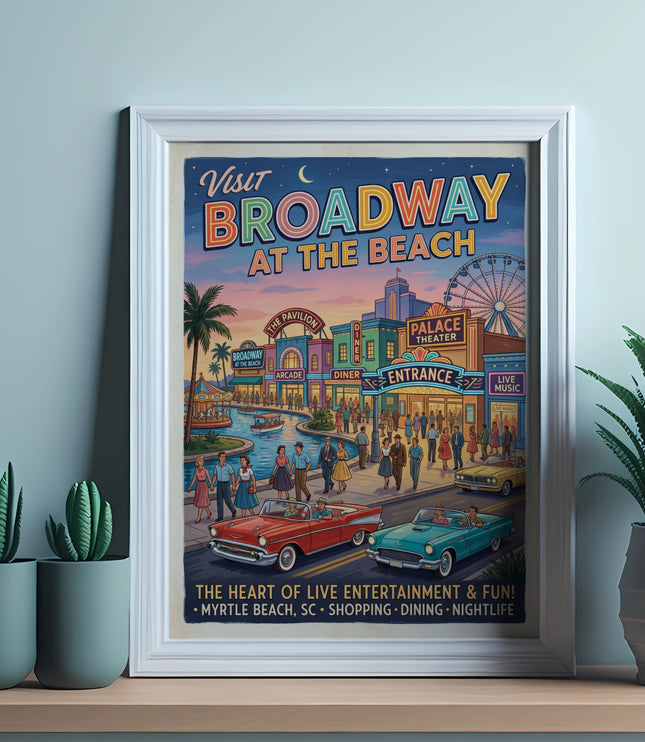 Broadway at the Beach poster featuring vintage cars, people, and attractions with text.