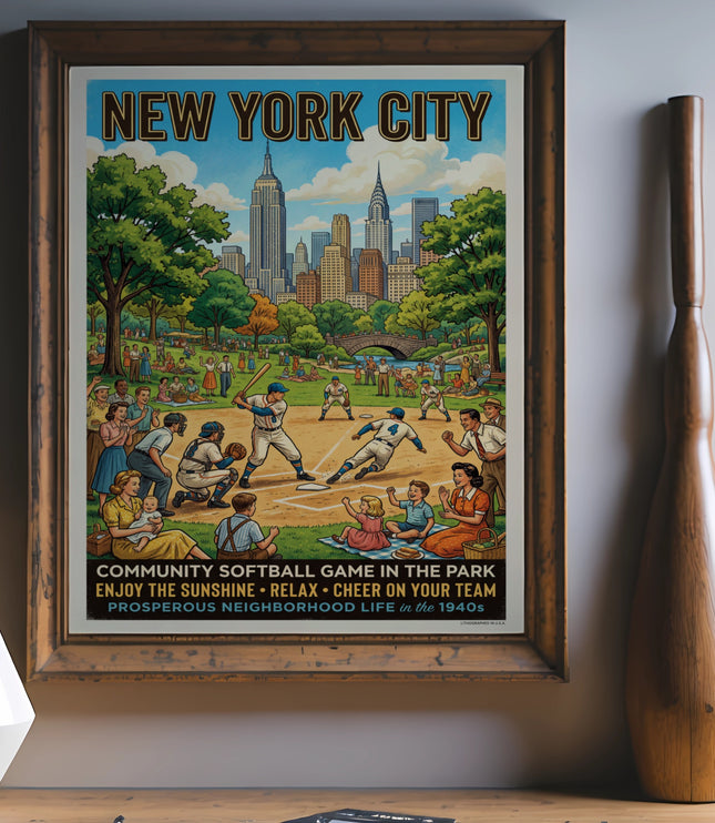 Vintage New York City poster featuring a community softball game and skyline.