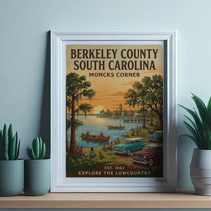 Vintage poster of Berkeley County, South Carolina, with fishing, cars, and a sunset.