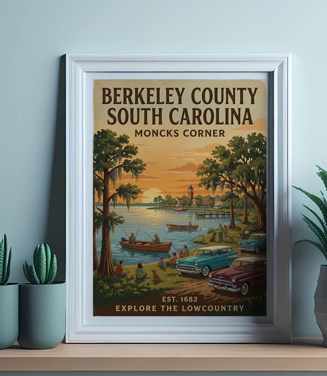 Vintage poster of Berkeley County, South Carolina, with fishing, cars, and a sunset.