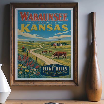 Wabaunsee County, Kansas travel poster with rolling hills, farm, and cows.