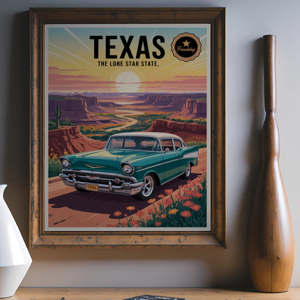 Vintage turquoise car on a dusty road in Texas landscape under a sunset.