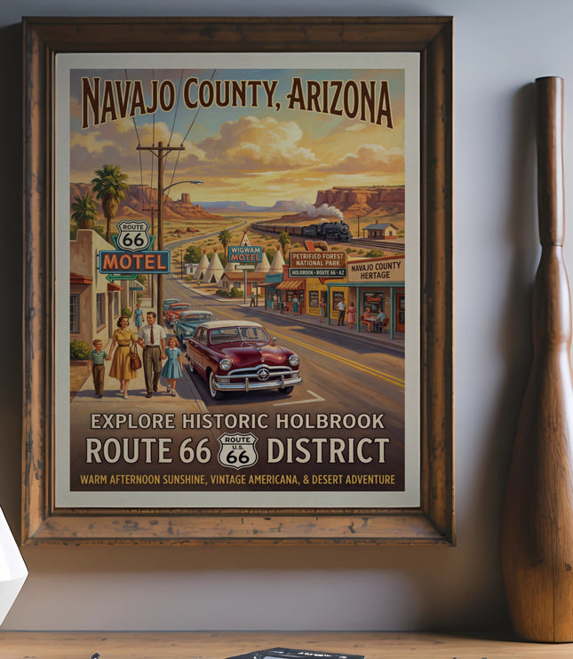 Navajo County, Arizona Route 66 poster with vintage scene and text.