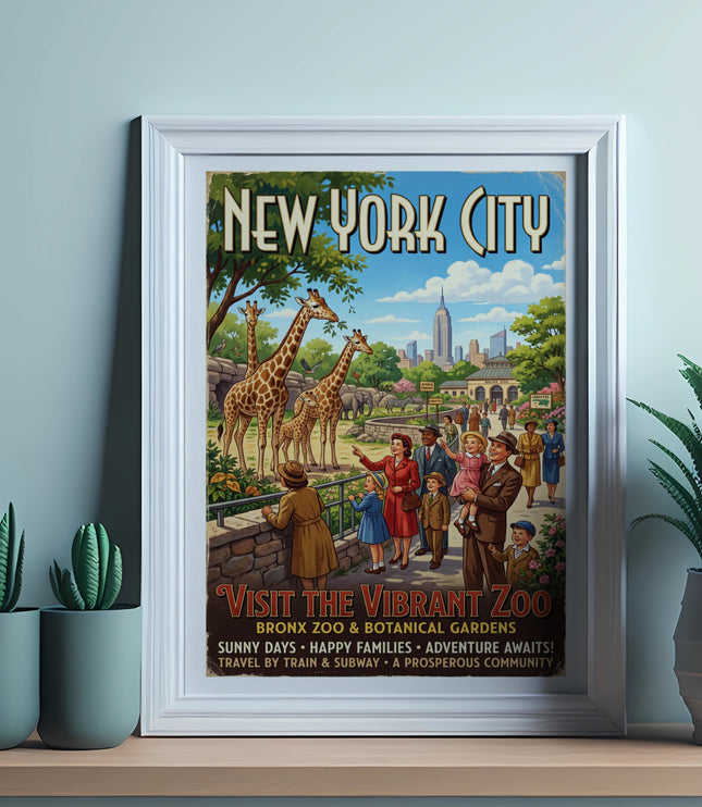 New York City poster for Bronx Zoo & Botanical Gardens with giraffes, people, and city skyline.