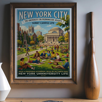 New York University on Morningside Heights vintage poster with students on campus.