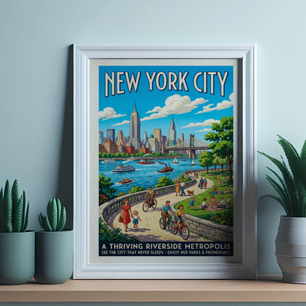 New York City poster with skyline, river, park, and text.