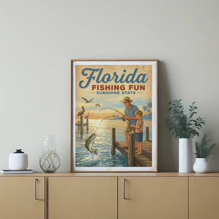 Florida Fishing Fun Sunshine State vintage sign with father and son fishing.