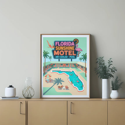 Retro Florida motel illustration with pool and palm trees.