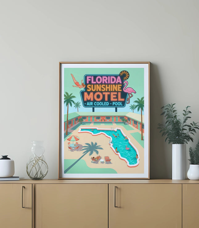Retro Florida motel illustration with pool and palm trees.