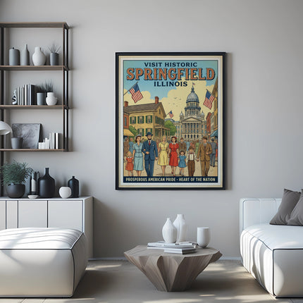 Poster depicting "Visit Historic Springfield Illinois" with parade and buildings.
