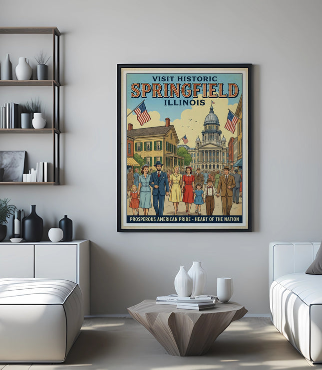 Poster depicting "Visit Historic Springfield Illinois" with parade and buildings.