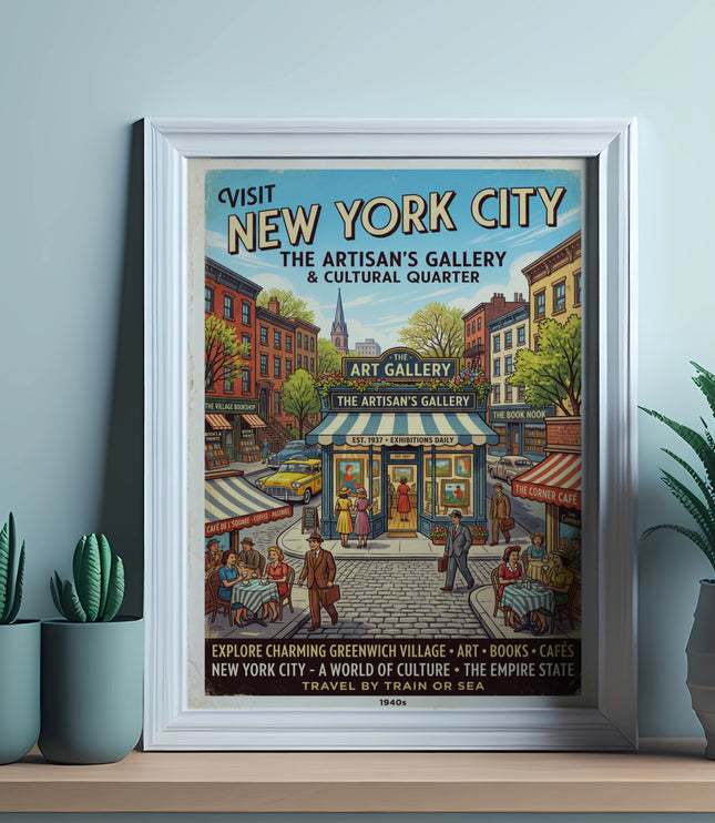 Vintage "Visit New York City" poster of the Artisan's Gallery and Greenwich Village.