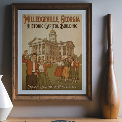 Vintage poster of Historic Capitol Building in Milledgeville, Georgia.