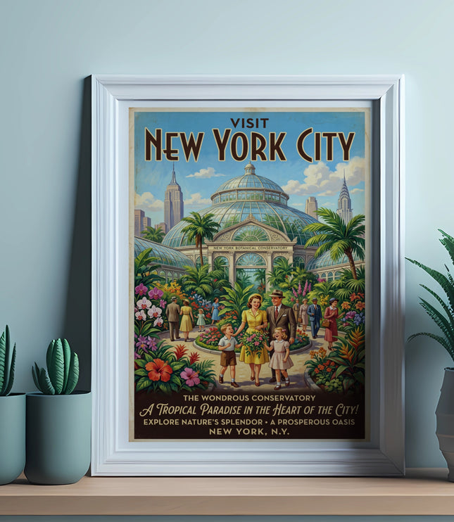 Vintage poster of New York Botanical Conservatory, depicting families and city skyscrapers.