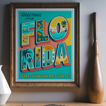 Vintage Florida postcard art with text "Greetings From Florida The Sunshine State".