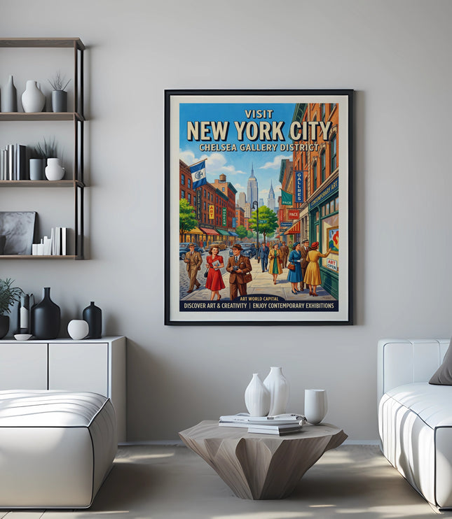 Vintage New York City Chelsea Gallery District travel poster with street scene and people.
