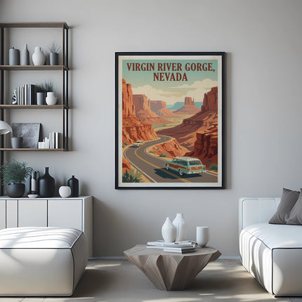 Poster of Virgin River Gorge, Nevada with a vintage car driving on a winding road.