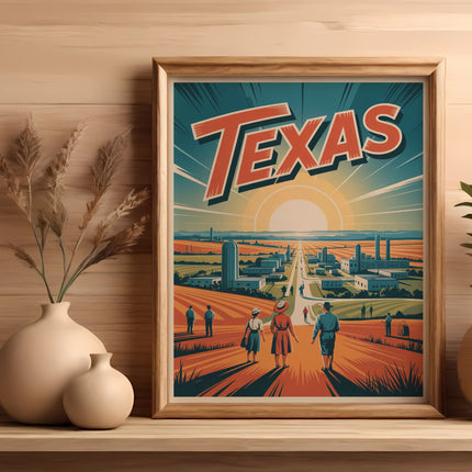 Framed vintage Texas travel poster with a stylized city scene and people.