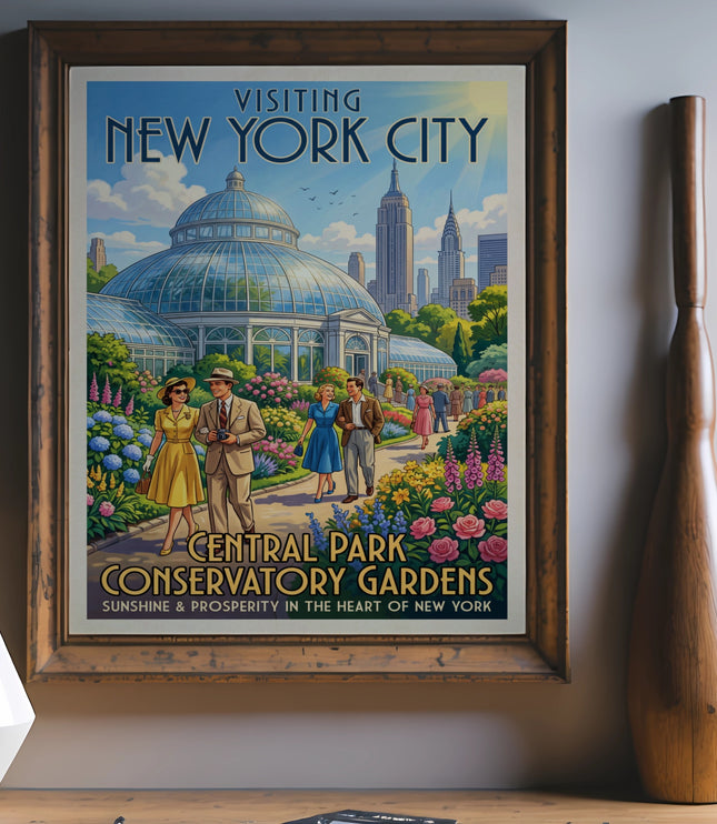 Visiting New York City Conservatory Gardens poster with people and Empire State Building.