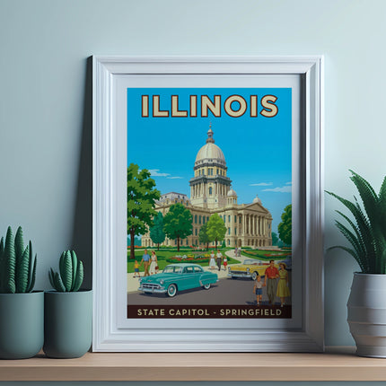 Illinois State Capitol in Springfield with vintage cars and greenery.