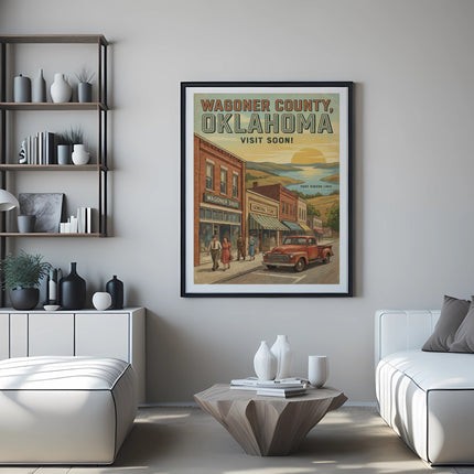Wagoner County, Oklahoma vintage travel poster with buildings and Fort Gibson Lake.