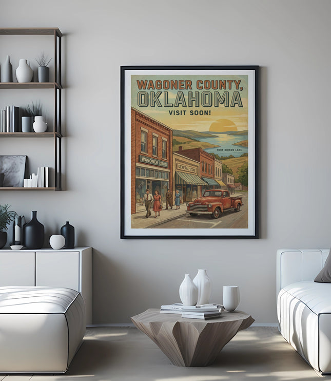 Wagoner County, Oklahoma vintage travel poster with buildings and Fort Gibson Lake.
