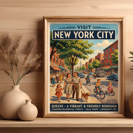 New York City poster for Queens, Jackson Heights, highlighting shops and community.