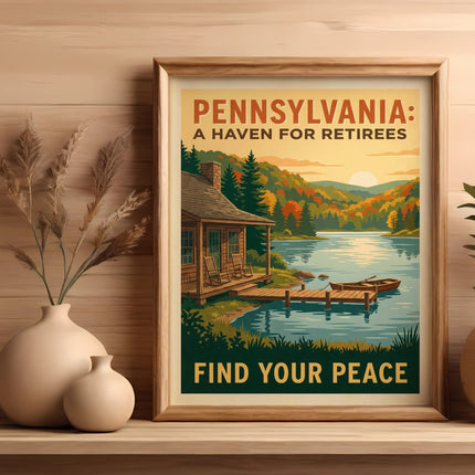 Vintage Pennsylvania A Haven For Retirees poster with a lake, cabin, and text "FIND YOUR PEACE".