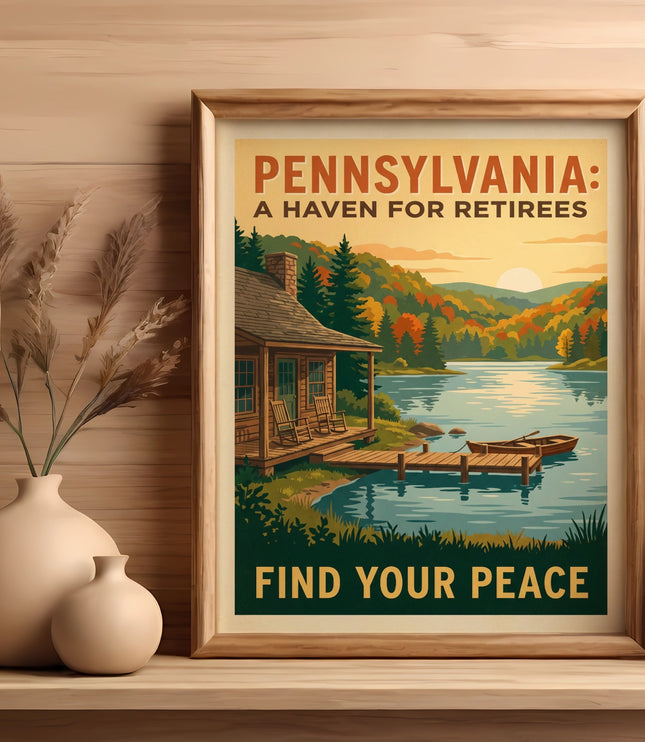 Vintage Pennsylvania A Haven For Retirees poster with a lake, cabin, and text "FIND YOUR PEACE".