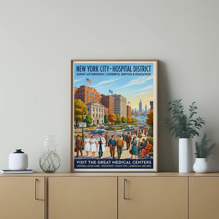 New York City Hospital District vintage travel poster with people and buildings.