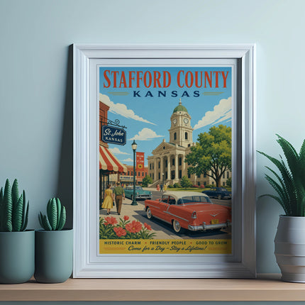 Stafford County, Kansas vintage travel poster with red car and town buildings.