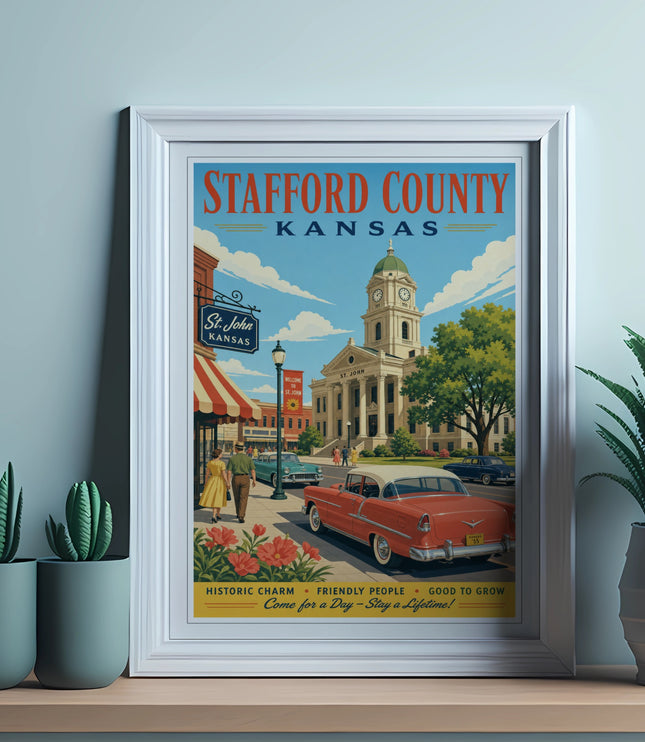 Stafford County, Kansas vintage travel poster with red car and town buildings.