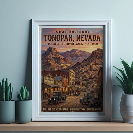 Vintage poster for Tonopah, Nevada showing a historic mining town and mountains.